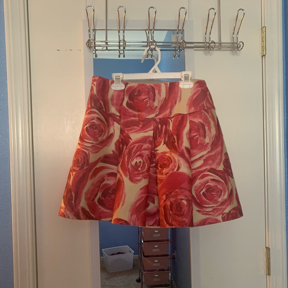 Tracy Reese Pink and Cream Rose Pleated Wool Silk Skirt
